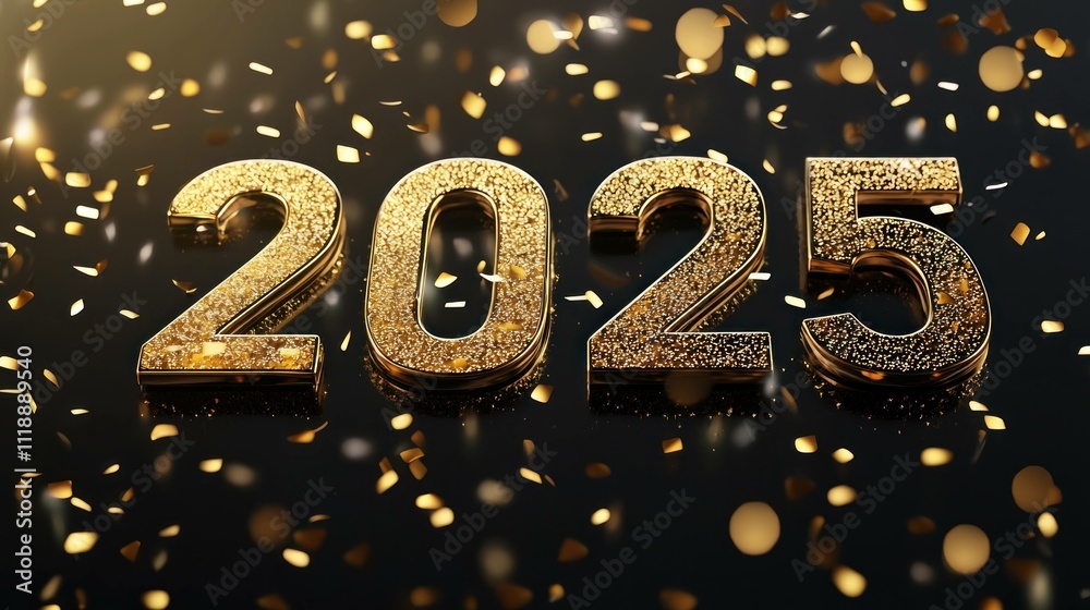 Shiny golden numbers 2025 surrounded by festive confetti on a dark background, symbolizing celebration and New Year events. Shiny golden numbers 2025 surrounded by festive confetti on a dark background, symbolizing celebration and New Year events.