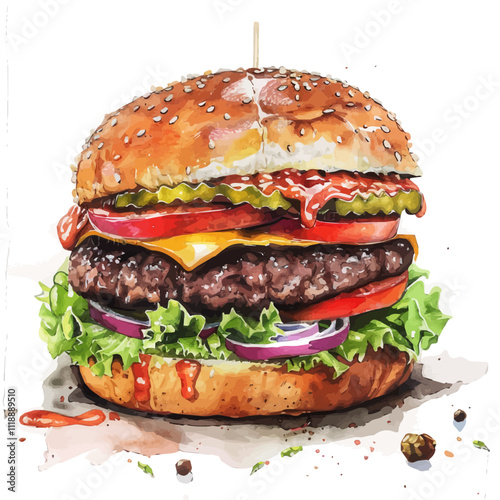 A watercolor painting of a burger, isolated on a white background. Burger vector.