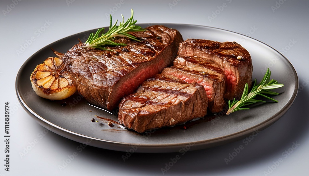 Seared steak slices, rosemary, and roasted garlic on a dark plate. Seared steak slices, rosemary, and roasted garlic on a dark plate.