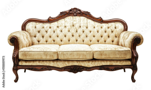 Vintage sofa with intricate woodwork, cut out - stock png.