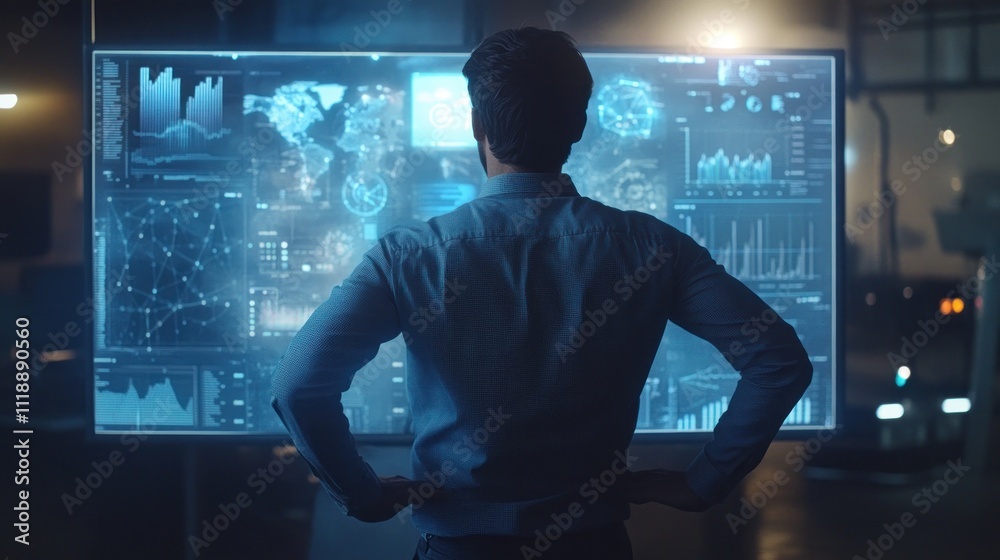 Data Analyst Reviewing Global Network Performance on a Futuristic Screen