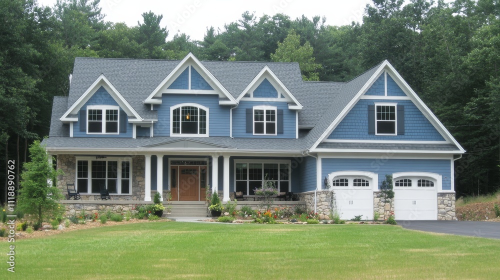 American Dream Home Blue Two-Story Suburban House with Stone Accents and Three-Car Garage American Dream Home Blue Two-Story Suburban House with Stone Accents and Three-Car Garage