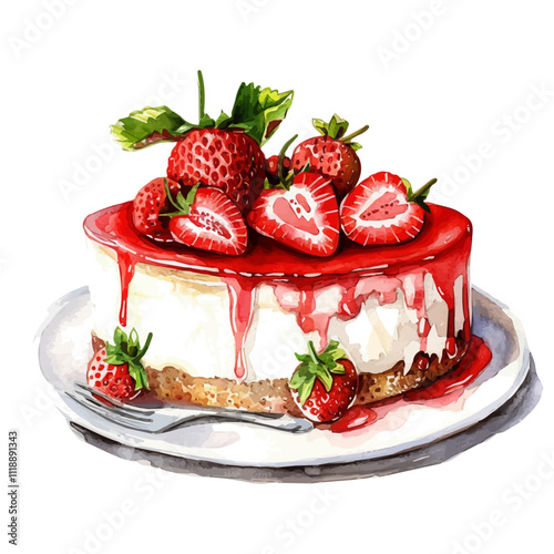 A watercolor vector of a cheesecake with strawberries, isolated on a white background. Cheesecake with strawberries vector.