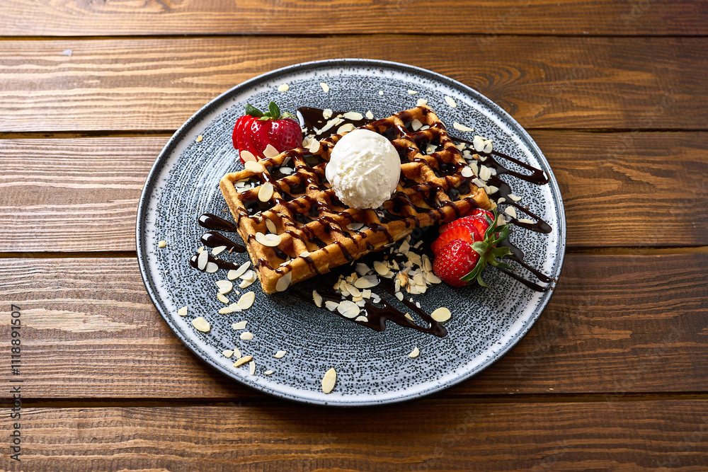 Waffles with Vanilla Ice Cream, Strawberries, and Chocolate
