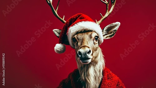 Festive reindeer in santa hat and coat against red background photo