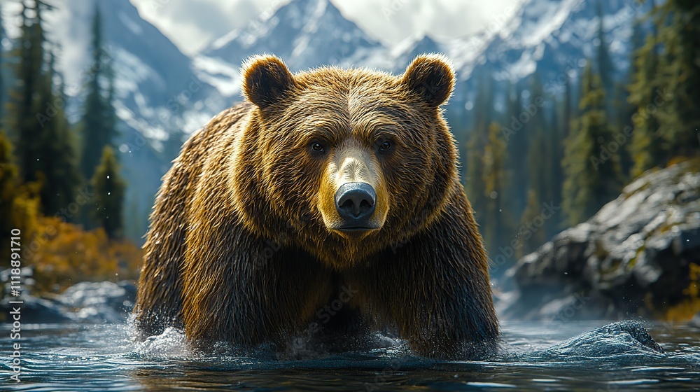 A bear with a mountain or forest in the background A bear with a mountain or forest in the background