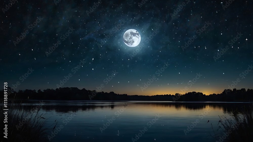 Serene Night Sky Over Tranquil Lake With Full Moon Serene Night Sky Over Tranquil Lake With Full Moon