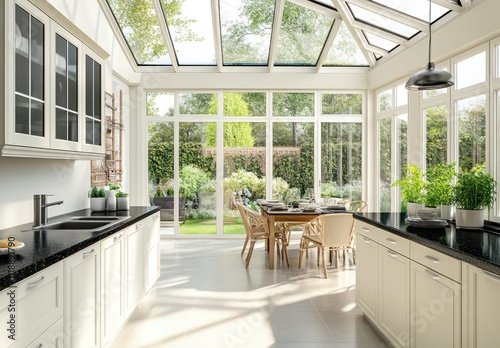Sunlit conservatory kitchen with garden view, white cabinets, and dining area. photo