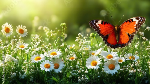 A beautiful spring background with daisies and green grass, a butterfly perched on a flower in the sunlight, suitable for a banner