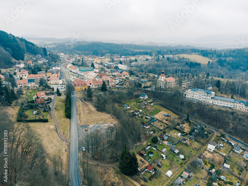 Aerial View of European Village, Houses and Hills. Zacler, Czechia photo