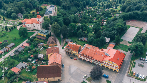 Aerial View of European Village, Houses and Hills. Zacler, Czechia photo