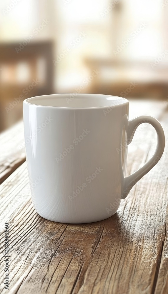 White Ceramic Coffee Cup on Rustic Wooden Table with Blurred Background, Minimalist Kitchenware White Ceramic Coffee Cup on Rustic Wooden Table with Blurred Background, Minimalist Kitchenware