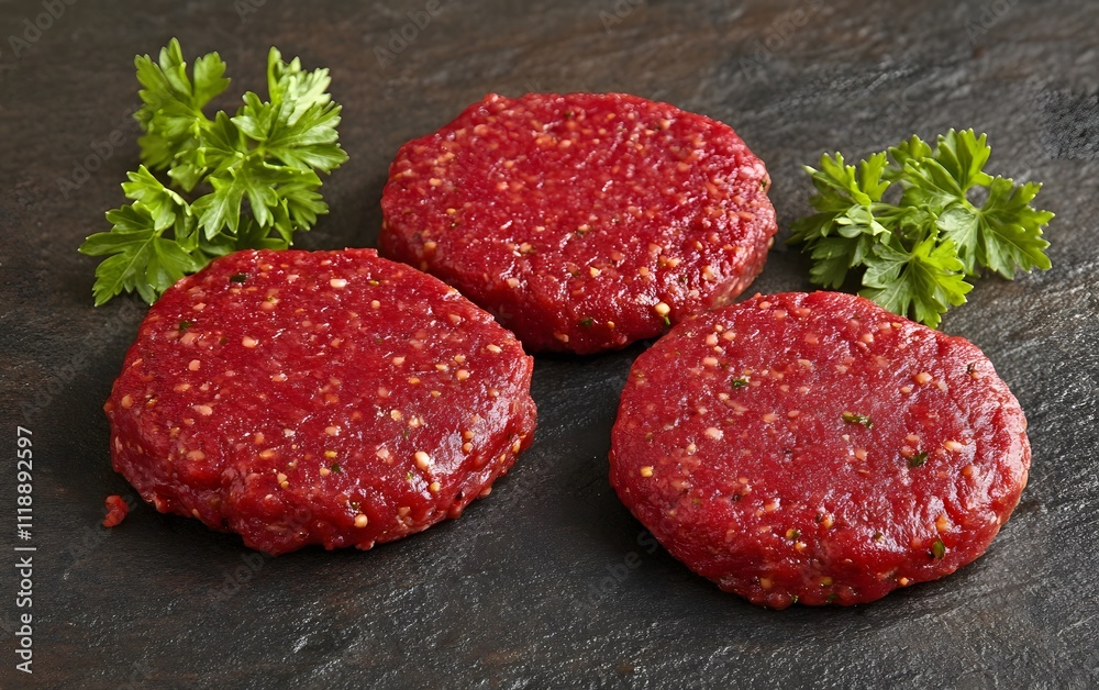 Three raw hamburger patties with fresh parsley on a dark slate surface. Three raw hamburger patties with fresh parsley on a dark slate surface.