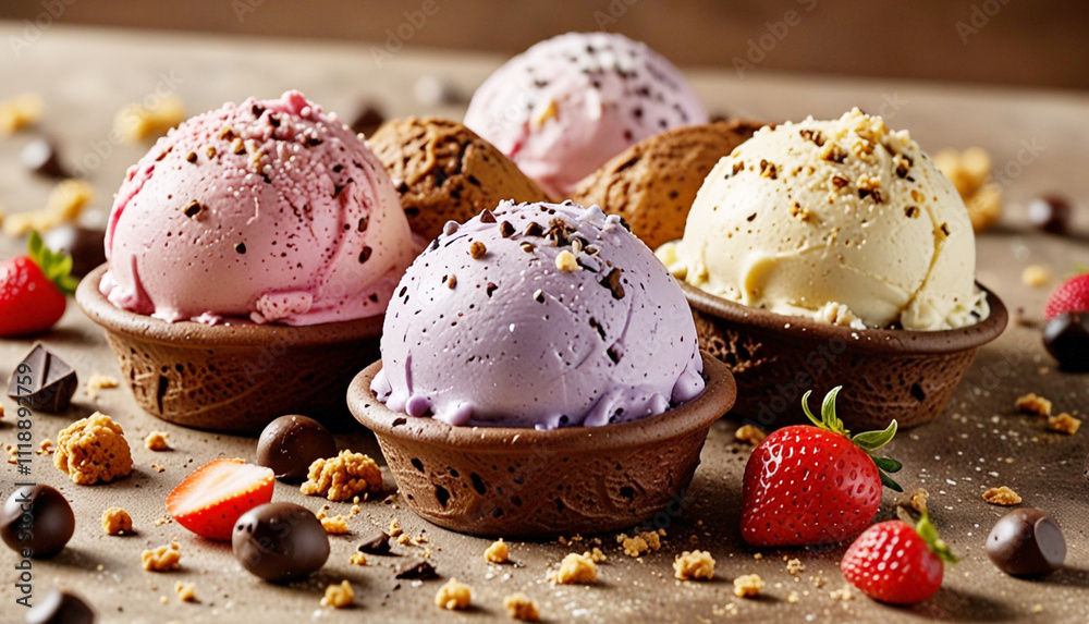 Colorful ice cream scoops in a variety of flavors, including chocolate, vanilla, and strawberry, are beautifully arranged, surrounded by chocolate chips and crumb. Generative AI Colorful ice cream scoops in a variety of flavors, including chocolate, vanilla, and strawberry, are beautifully arranged, surrounded by chocolate chips and crumb. Generative AI