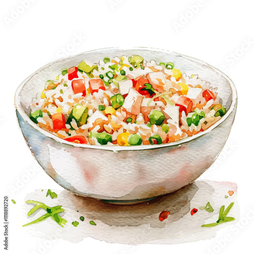 A watercolor drawing of chicken fried rice, isolated on a white background. Chicken fried rice vector.