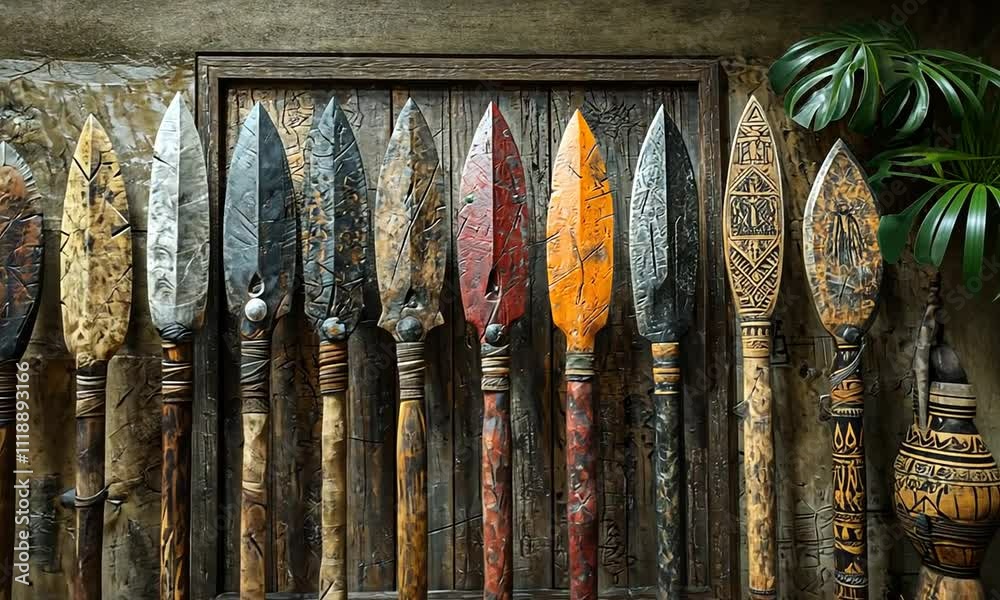 A display of various traditional spears arranged against a textured background. A display of various traditional spears arranged against a textured background.