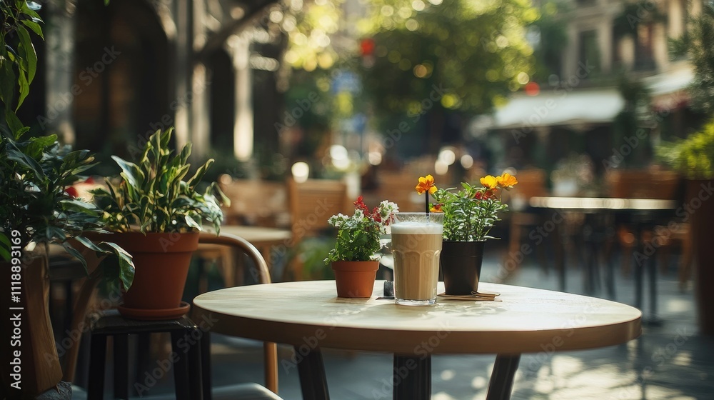 Iced latte on outdoor cafe table with plants. Iced latte on outdoor cafe table with plants.