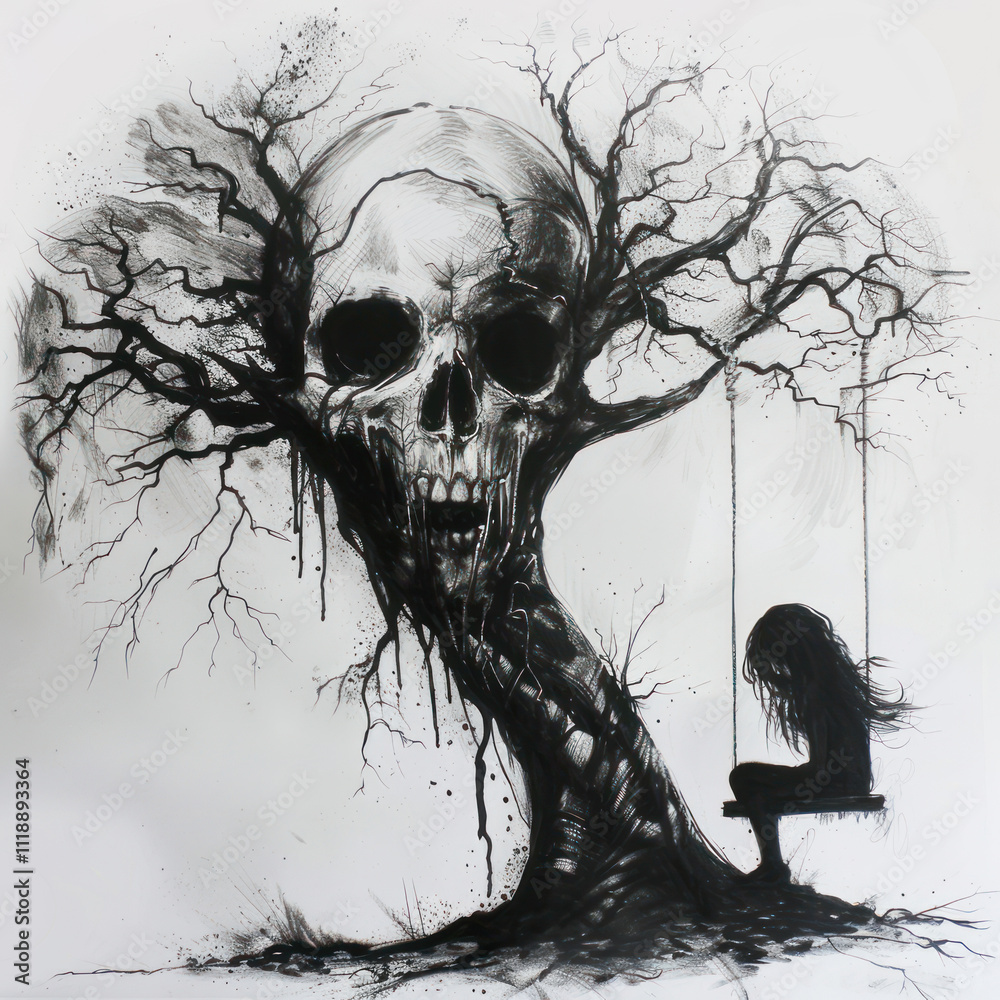 black and white artistic drawing. In the center of the image there is a large skull, from the top of which bare trees grow, next to it is the silhouette of a man sitting on a swing, black and white artistic drawing. In the center of the image there is a large skull, from the top of which bare trees grow, next to it is the silhouette of a man sitting on a swing,