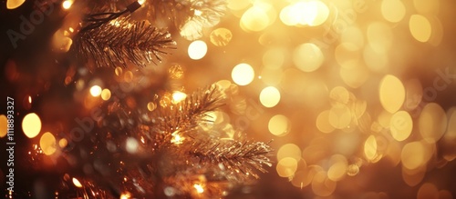 Golden bokeh lights and pine needles for Christmas, New Year, or winter holiday backgrounds.