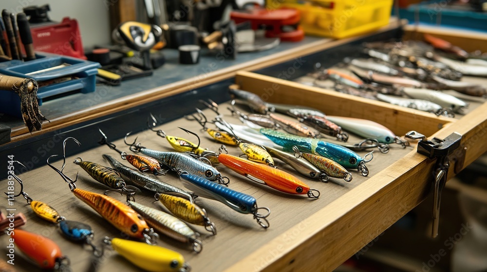 Fishing Lure Packages on a Wooden Tool Table - Organized and Ready for the Catch