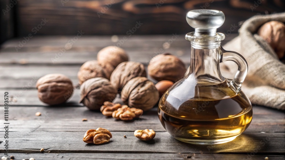 Elegant walnut oil bottle on rustic table, culinary and wellness. Elegant walnut oil bottle on rustic table, culinary and wellness.