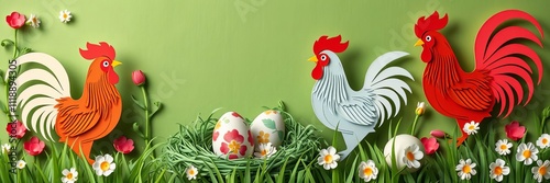 Four colorful easter eggs with Polish folk art motifs thermal stickers in green paper grass nest traditional paper cut flowers roosters Lowicz region wycinanka, wycinanka, thermal stickers photo