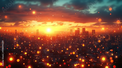 A blurred cityscape with golden bokeh lights and a warm sunset sky, creating a dreamy atmosphere