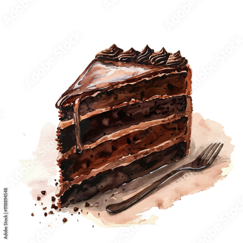 A watercolor of a chocolate cake, isolated on a white background. Chocolate cake vector.