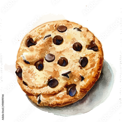 A watercolor of a chocolate chip cookie, isolated on a white background. Chocolate chip cookie vector.