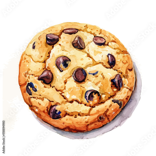 A watercolor vector of a chocolate chip cookie, isolated on a white background. Chocolate chip cookie vector.