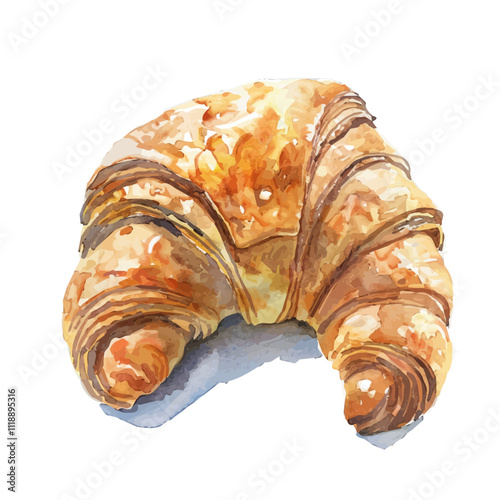 A watercolor illustration of a chocolate croissant, isolated on a white background. Chocolate croissant vector.