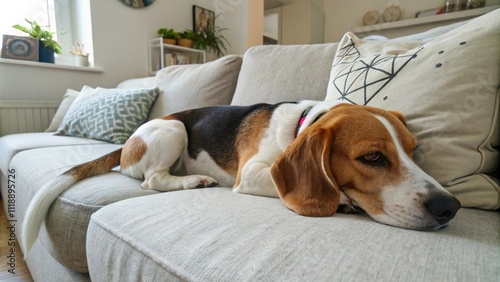 Beagle lying on a couch, cozy pet moment.