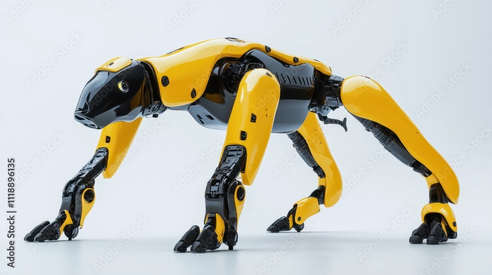 A contemporary yellow and black robotic dog with four legs designed for innovative factory applications on a clean white background A contemporary yellow and black robotic dog with four legs designed for innovative factory applications on a clean white background