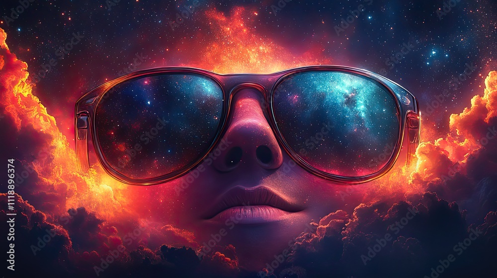 Fototapeta premium A cartoon character sporting sunglasses embodies the carefree spirit of summer in a cosmic art style