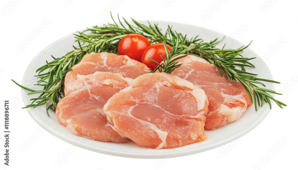 Fresh pork chops with herbs and tomatoes on plate, cut out - stock png. Fresh pork chops with herbs and tomatoes on plate, cut out - stock png.