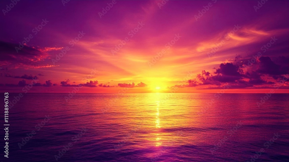 Naklejka premium A vibrant sunset over calm waters, creating a serene atmosphere.