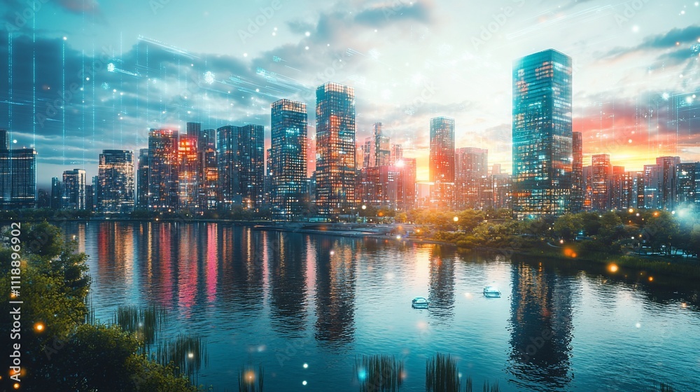 Fototapeta premium Vibrant cityscape at sunset, reflecting on calm water, with digital network overlay.