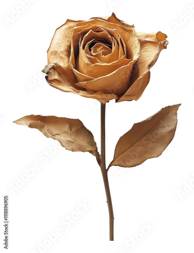 Dried single rose isolated on transparent background. Preserved flower with brown petals concept