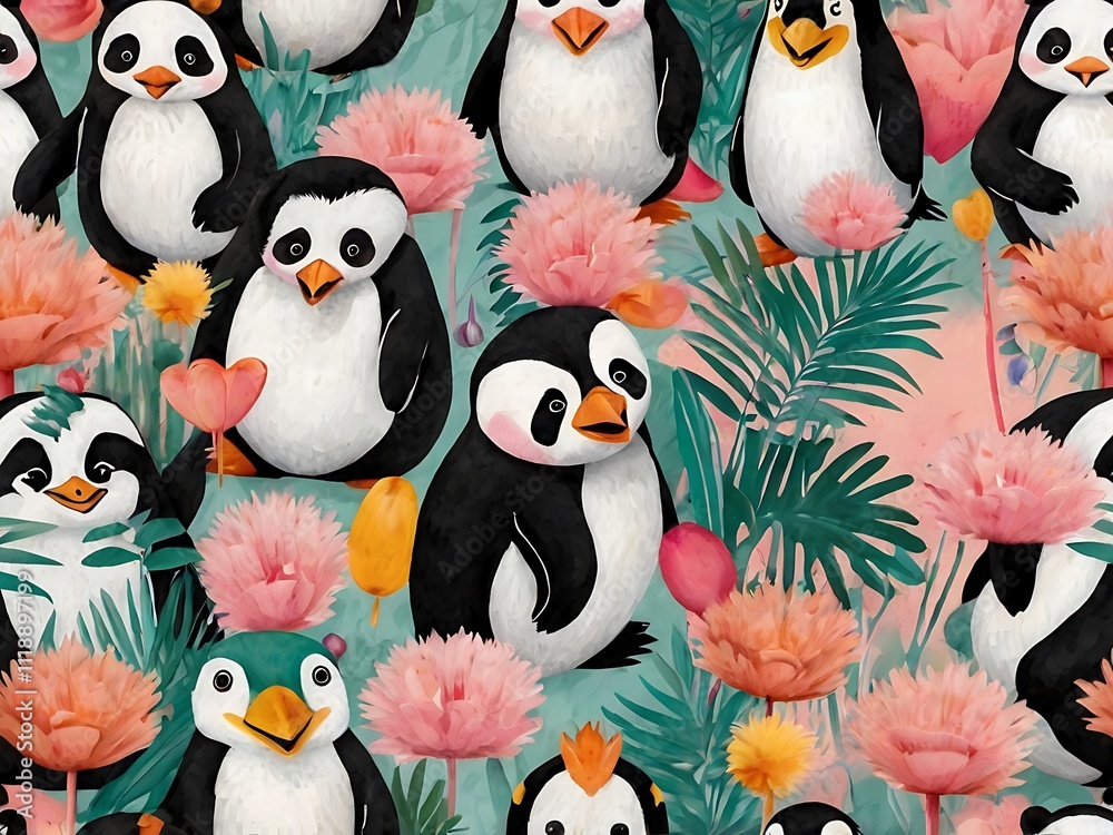 Adorable Penguins Amidst Vibrant Tropical Flowers Adorable Penguins Amidst Vibrant Tropical Flowers