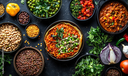 Ethiopian injera with an assortment of colorful lentil stews and vegetables.