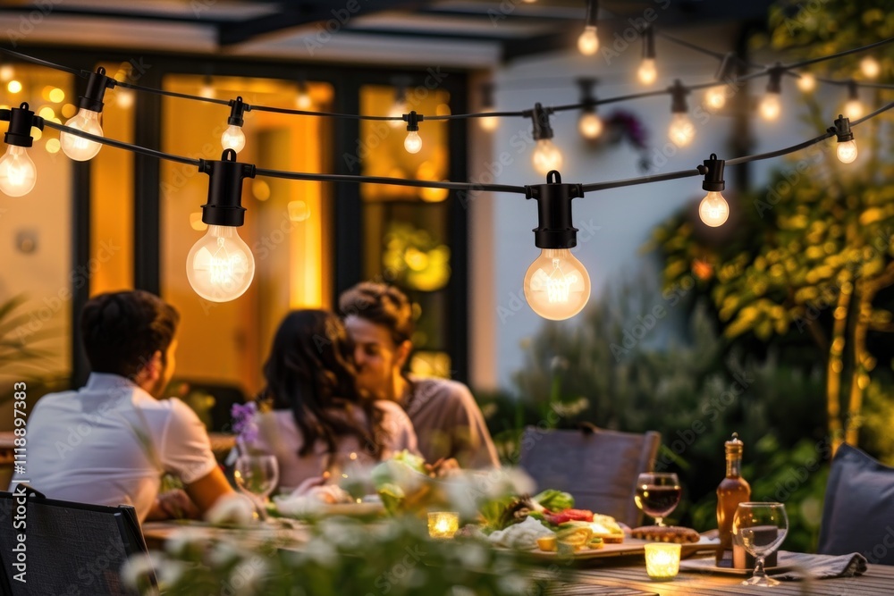 Friends enjoying a romantic dinner outdoors at night under warm string lights.