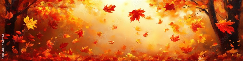 Autumn Scene with Swirling Maple Leaves in Vibrant Colors Blown by the Wind Autumn Scene with Swirling Maple Leaves in Vibrant Colors Blown by the Wind