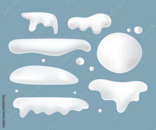 Realistic snow pile set. Snow caps, cover collection. White mountain, winter holiday elements. Vector illustration.