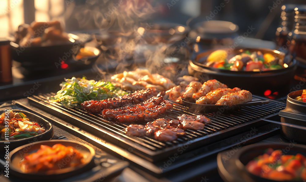 A Korean BBQ grilled sizzling meat on a barbecue with kimchi, and side dishes on a grill., capturing the essence of summer cookouts and outdoor dining. A Korean BBQ grilled sizzling meat on a barbecue with kimchi, and side dishes on a grill., capturing the essence of summer cookouts and outdoor dining.