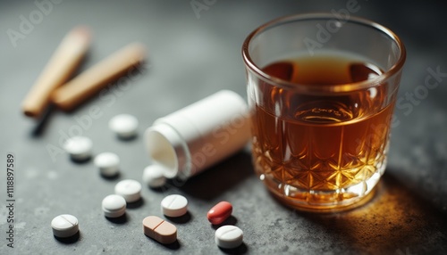 A glass of amber liquid sits prominently beside an array of scattered pills, creating a striking juxtaposition of health and indulgence. The warm glow of the drink contrasts sharply with the cold photo