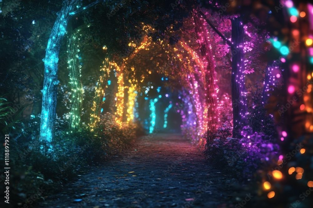A vibrant, illuminated pathway through a magical forest. A vibrant, illuminated pathway through a magical forest.