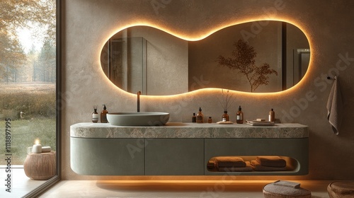 Modern bathroom with organic-shaped illuminated mirror, floating vanity, and earthy tones.