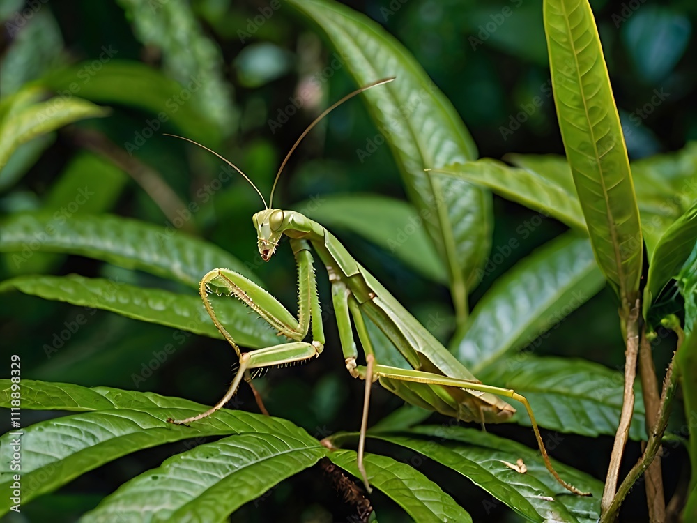 Green Praying Mantis on Lush Green Foliage Green Praying Mantis on Lush Green Foliage