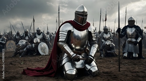 Knight in Full Armor Kneeling in Prayer Amidst a Battlefield ,Symbol of Honor, Sacrifice, and Medieval Warfare	
 photo