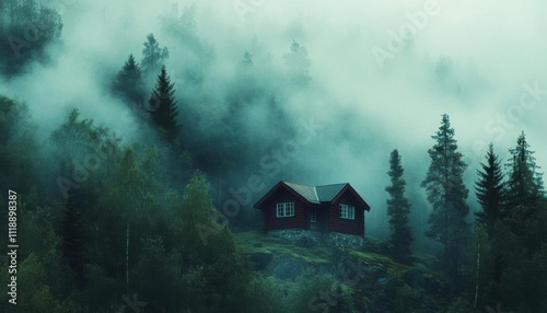 A solitary cabin amidst a misty forest landscape.